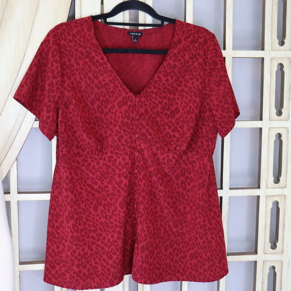 Torrid Red Leopard Print Button Fun Casual Blouse… - image 3